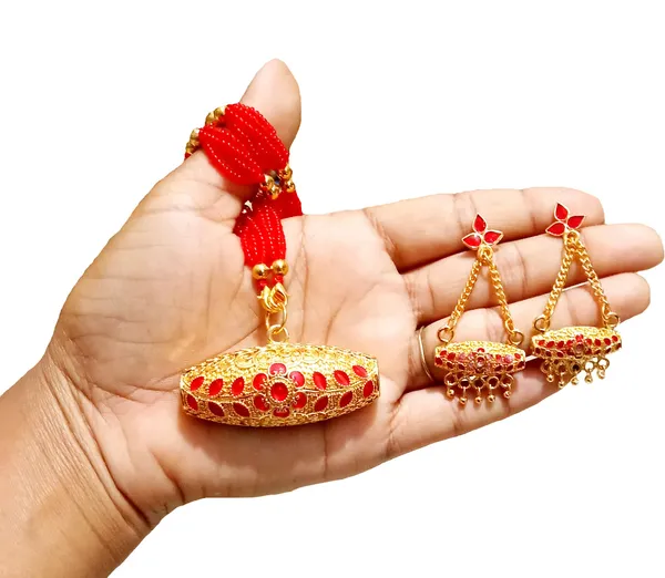 Assamese_Traditional_Gold_Plated_Red_Colour_Dulari_Tassel_Jewellery_Set_For_Women_&_Girls
